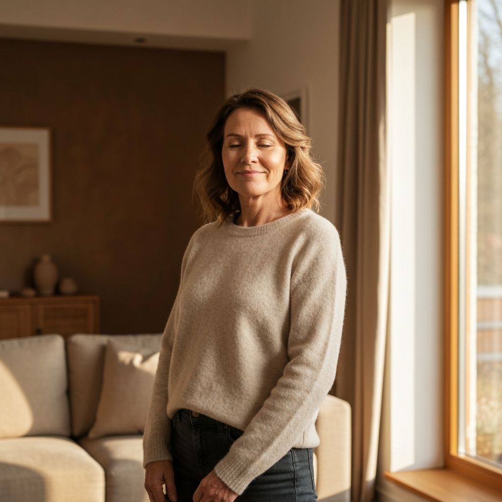 Nainen katselee rauhallisesti ulos ikkunasta, hyväksyvä ja rauhallinen ilme