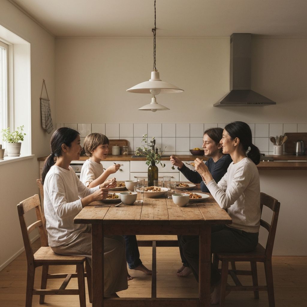 Perhe nauttii yhteistä ateriaa pöydän ääressä, lämmin valaistus, luonteva ilmapiiri