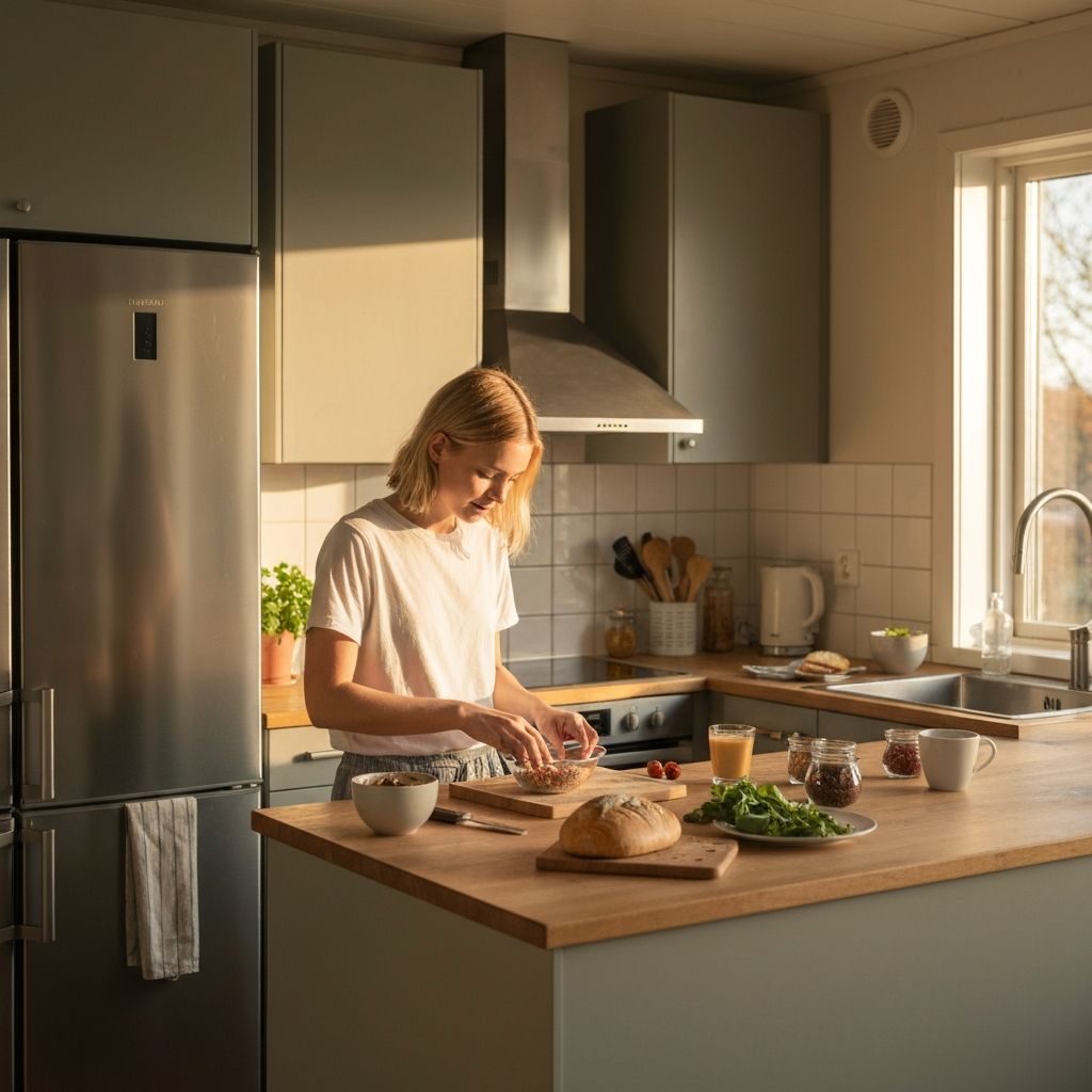 Yksinkertainen aamiaisvalmistelu, tuoreet raaka-aineet, keittiössä luonnollinen valo