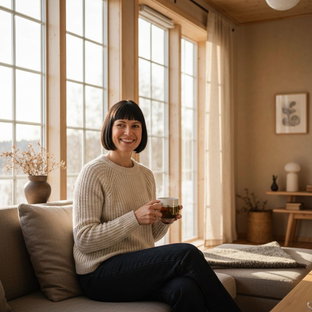 Nainen istuu rauhallisesti kupin kanssa, luonnollista valoa, rentouttava kodinomaisuus